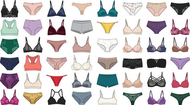 Comprehensive Women Lingerie Collection with Varied Styles of Lace Bras Panties Thongs Briefs and Sports Bralettes Flat Vector Icons for Fashion E-commerce Catalog Designs
