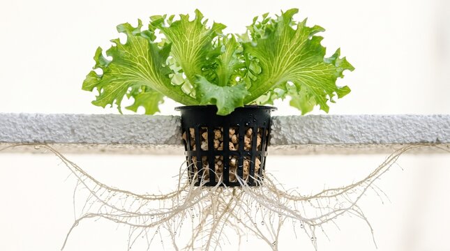 Hydroponic Lettuce Plant with Roots Growing in a Net Pot for Indoor Farming