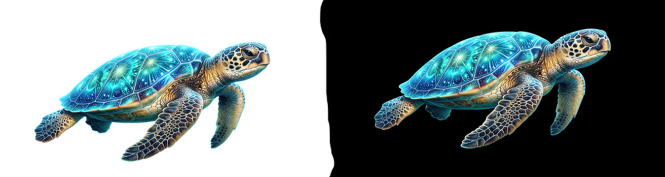Sea turtle with a glowing cosmic shell pattern swimming gracefully isolated on transparent background