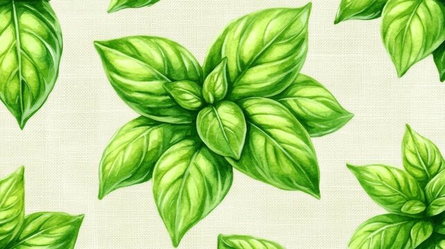 Fresh green basil leaves seamless pattern texture botanical watercolor illustration food ingredient background.