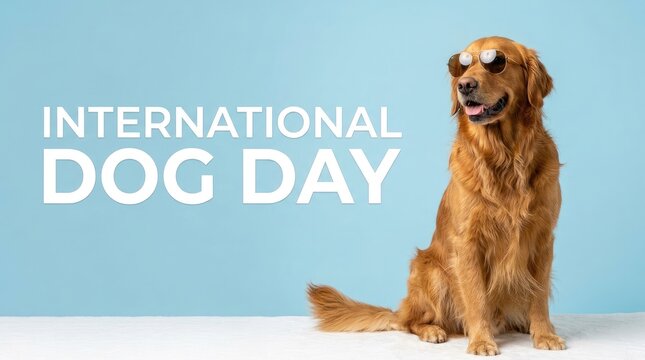 Cool Golden Retriever wearing aviator sunglasses on a bright blue background for International Dog Day