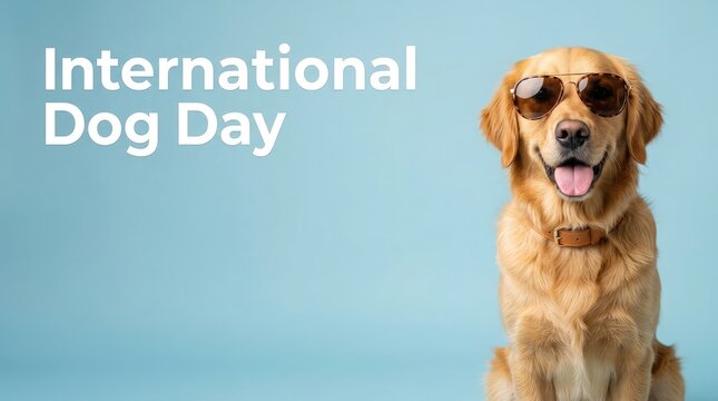 Close up portrait of a Golden Retriever dog wearing sunglasses for International Dog Day on blue background
