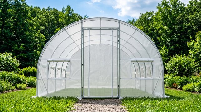 Large Garden Greenhouse with White Mesh Cover in a Sunny Backyard Garden
