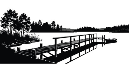 Obraz premium Black and white dock extending over calm lake