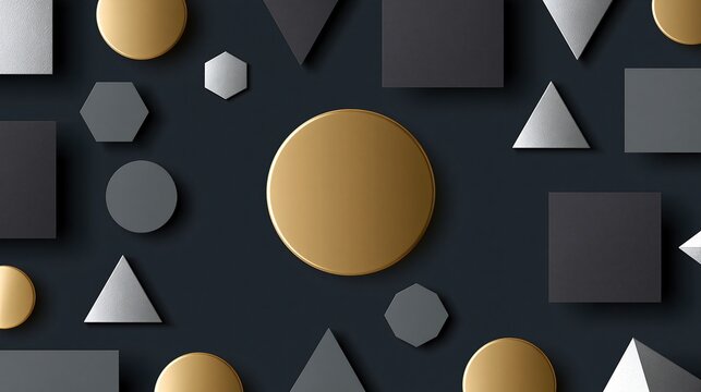 Abstract geometric background with mixed golden silver and gray shapes circles squares triangles on dark black base, modern minimal decorative design