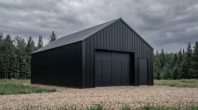 Modern Black Metal Garage Workshop in a Rural Forest Setting with a Sleek Steel Design