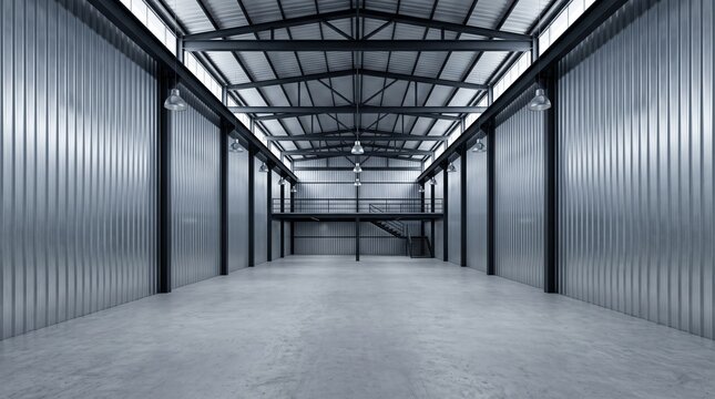 Empty Industrial Warehouse Interior with Corrugated Metal Walls and Concrete Floor