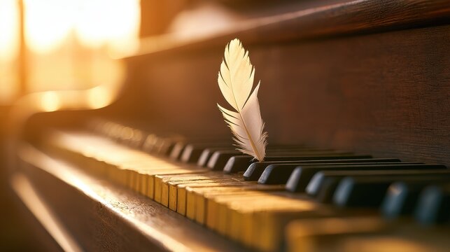 White feather resting delicately between the black and white keys of an antique piano