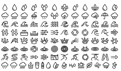 Obraz premium Professional Water Droplet Rain and Wave Line Icon Set with 80 Minimal Editable Outline Symbols