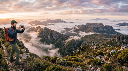 Fototapeta premium Man photographing misty mountains at sunrise with a smartphone