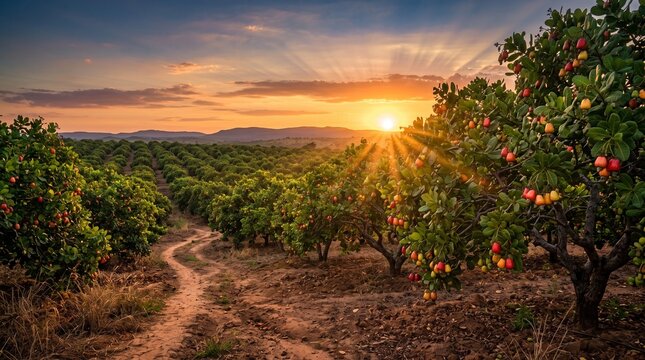 Cashew orchard trees at golden sunset
