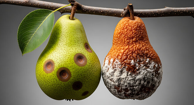 Fresh Pear vs. Rotten Pear on Branch: Decay, Spoilage, and Food Waste Concept