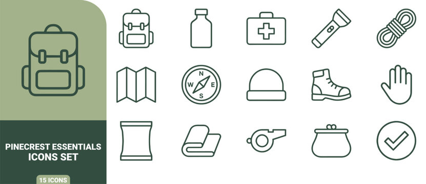 Pinecrest essentials icons set featuring green outline symbols for hiking, camping, and outdoor adventure gear