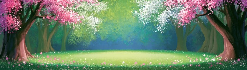 Fototapeta premium Blooming cherry trees and white blossoms in a lush green spring forest landscape