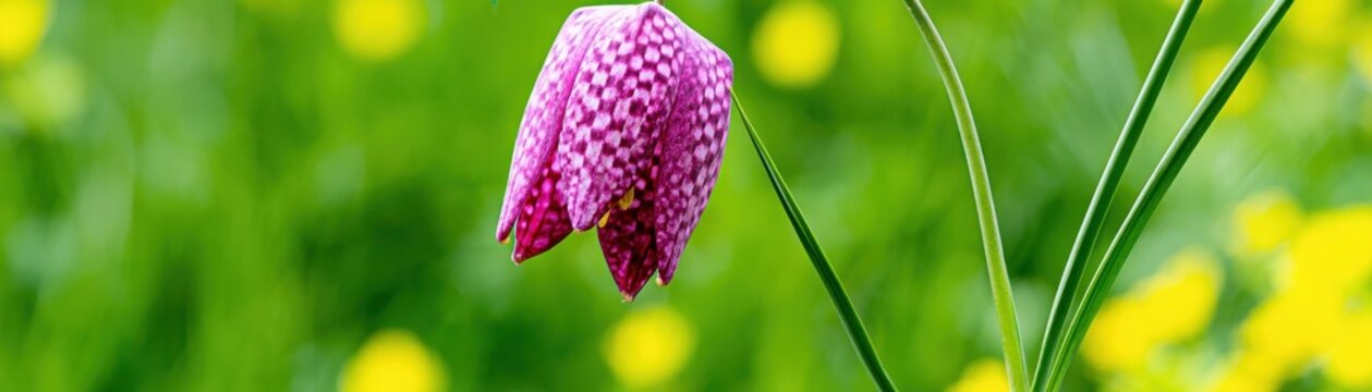 Close up of a checkered lily flower blooming in a green spring meadow fritillaria meleagris