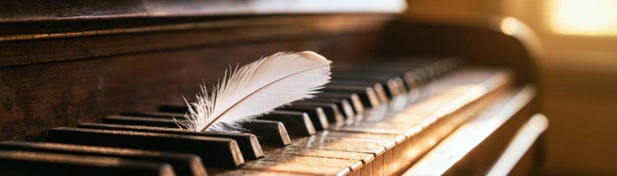Soft white feather resting gently on the wooden keys of an antique grand piano