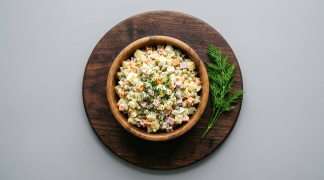 Olivier salad in a wooden bowl on a wooden board with dill