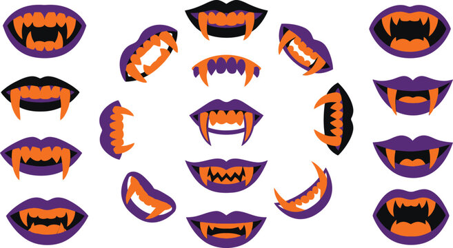 Collection of scary vampire mouths and fangs for halloween party decorations and spooky costume design elements