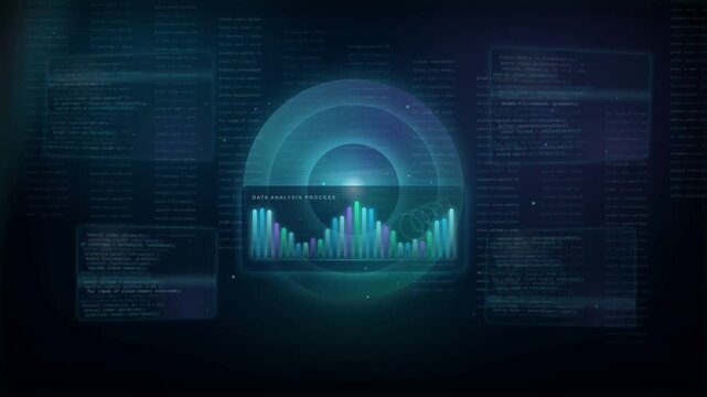 Futuristic digital interface displaying data analysis and financial graphs on a dark background