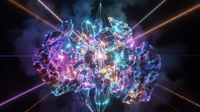 Complex Sculptural Shapes Formed by Intersecting Scanner Beams in a Dark Void for Modern Cyber Aesthetics