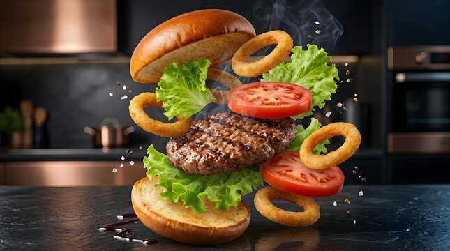 Deconstructed Gourmet Burger Levitating with Fresh Ingredients