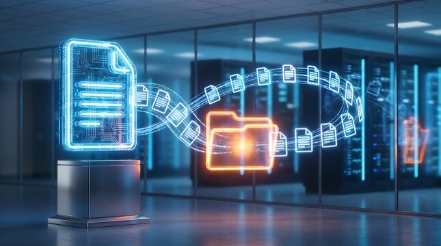 Abstract data migration visualization with glowing file icons moving into folder in high tech server room setting illustrating secure cloud backup and file management workflow