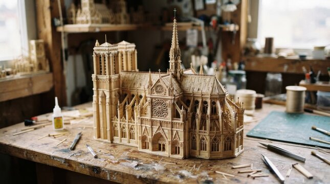 Handcrafted Cathedral Architectural Model on Wooden Workbench