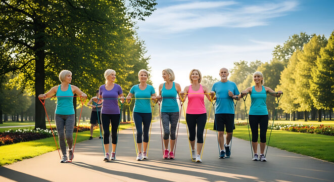 Senior group exercising outdoors in park using resistance stretch bands