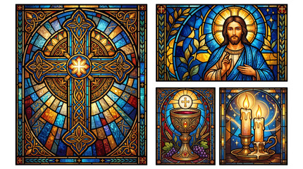 Obraz premium Stained Glass Church Window With Celtic Cross, Jesus Portrait, Chalice and Lit Candles in Blue and Gold – Sacred Christian Religious Art
