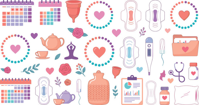 Menstrual Cycle Tracker and Female Wellness Icon Collection with Period Calendars Sanitary Pads Tampons and Menstrual Cups Vector Graphics for Feminine Hygiene Care
