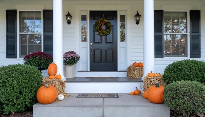 Naklejka premium Autumn front porch home entrance decorated with pumpkins hay bales and seasonal flowers for fall celebration