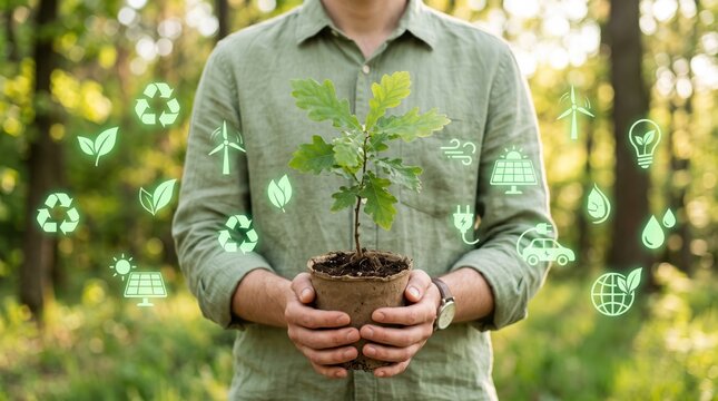 Man holding young oak tree sapling in forest surrounded by green ecology icons representing sustainability, renewable energy and environmental protection