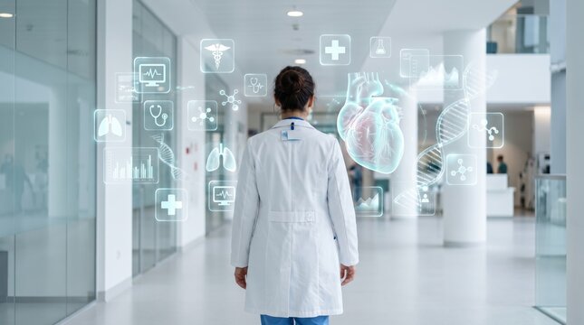 Female doctor walking down hospital corridor with futuristic holographic medical data interface showing heart anatomy and DNA structure floating around