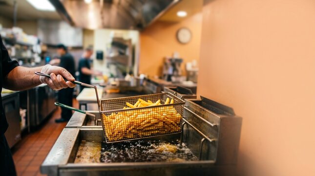Selective focus tilt shift of golden french fries lifting out of fryer oil with extensive blurry minimalist copy space.