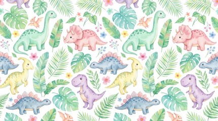 Obraz premium Cute dinosaur pattern with tropical leaves. Watercolor jungle print for kids nursery decor.