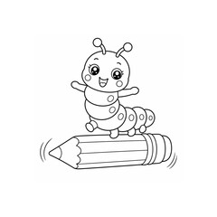 A funny cartoon caterpillar balancing on a giant rolling pencil like a tiny circus performer. Rounded segmented body, smiling face, big kawaii eyes, tiny antennae. Minimalist black outline illustratio