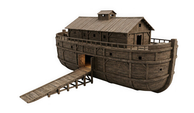 Wooden noahs ark ship with a ramp isolated on transparent background