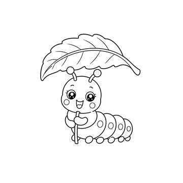 Creative Kawaii Caterpillar Holding a Leaf Umbrella &ndash; Cute Cartoon Insect with Nature Umbrella, Black and White Vector Coloring Page for Kids