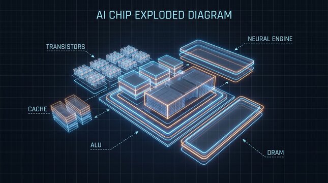 Exploded technical view diagram of artificial intelligence computing chip architecture with artificial intelligence exploded architecture processor technology hardware computer electronic