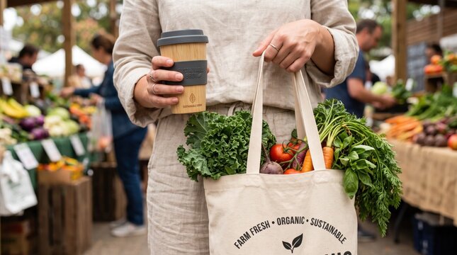 Woman holding reusable cup and tote bag filled with fresh organic vegetables at local farmers market, promoting sustainable living, zero waste lifestyle, healthy eating habits