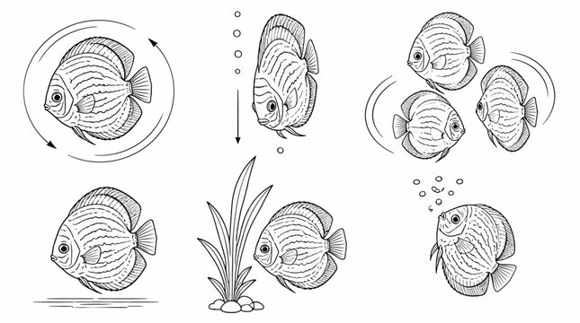 Discus Fish Sketch Set, Hand-Drawn Aquatic Animal Collection