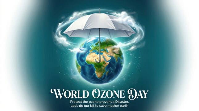 World ozone day poster with earth protected by an umbrella representing the ozone layer
