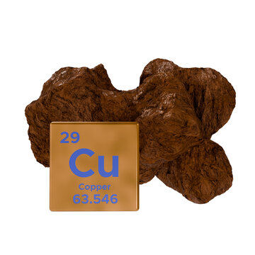3d render copper chemical element with Cu symbol and atomic number from periodic table in front of raw copper nugget or chemistry education, science presentations, mineralogy concepts