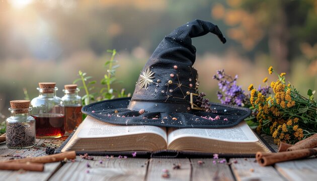 Magic witch hat resting on open spellbook with potion bottles and autumn herbs for alchemy ritual on wooden surface
