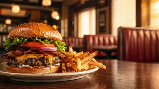 Cheeseburger with fries on a diner table