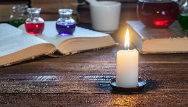 Flickering candlelight illuminates an open ancient book, mysterious vials, and old tools on a rustic wooden table, evoking a sense of arcane study and forgotten knowledge