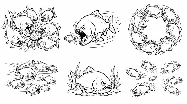 Piranha Fish Set Line Art Illustrations, Dangerous Predator Pack