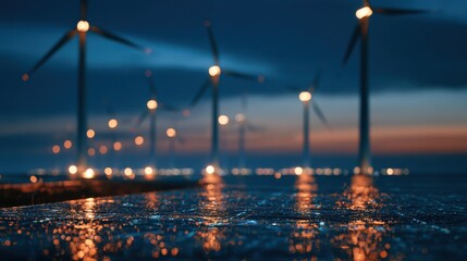 Obraz premium Wind turbines generate clean energy at dusk over a reflective water surface, emphasizing sustainable power and environmental conservation.