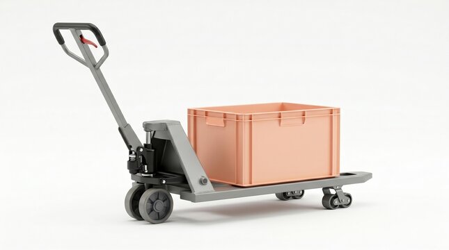 Manual Hand Pallet Jack Transporting Cardboard Shipping Box Isolated on White Background Warehouse Logistics and Delivery Concept