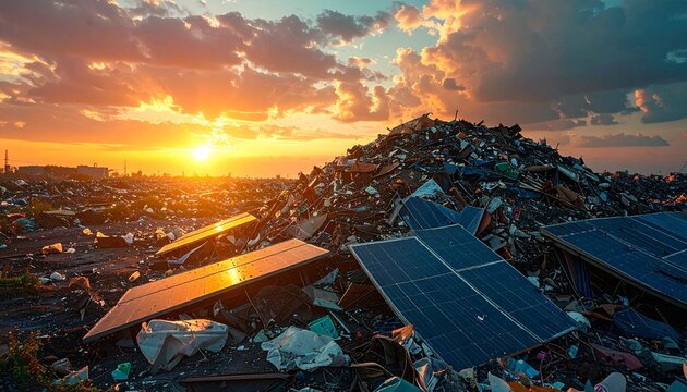Heap of old solar panels on landfill with a sunset in the background. Environmental degradation and pollution